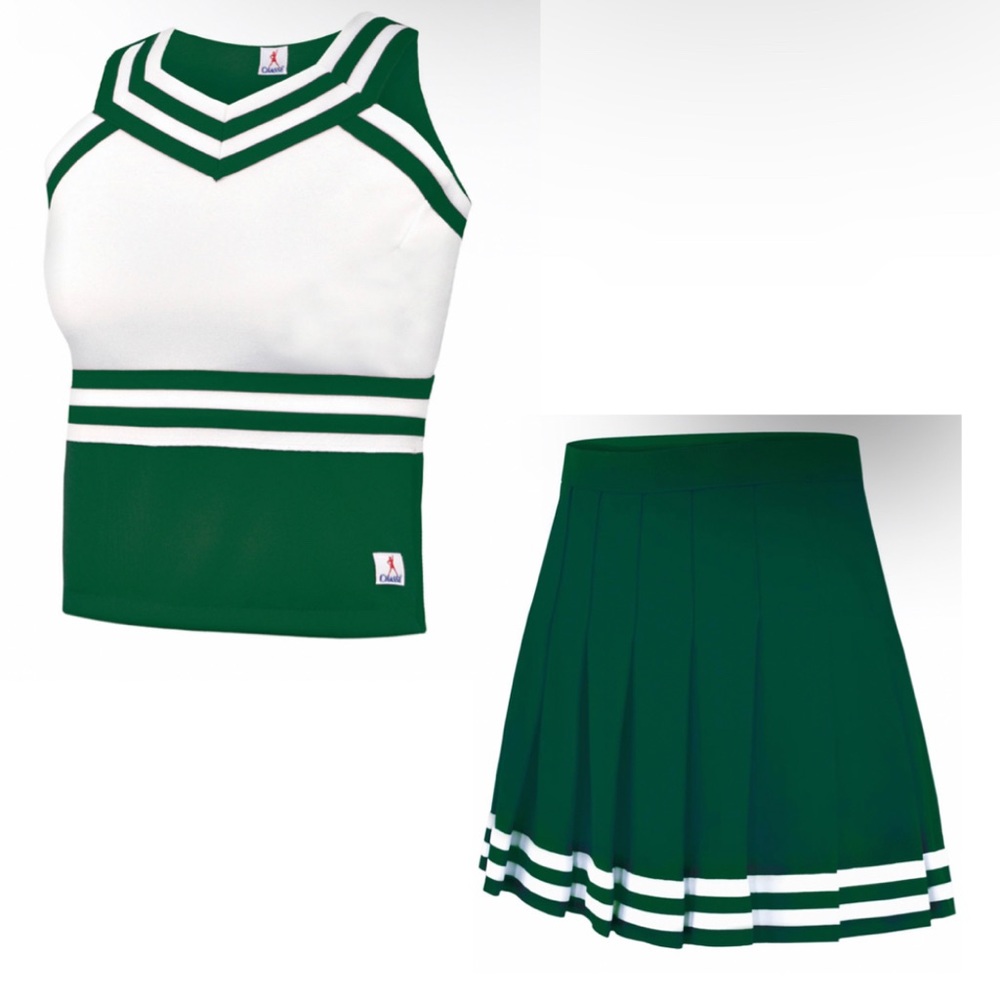 Omni Cheer Chasse Dark Forest Green Sweet Heart Shell Top & Knife Pleat Skirt